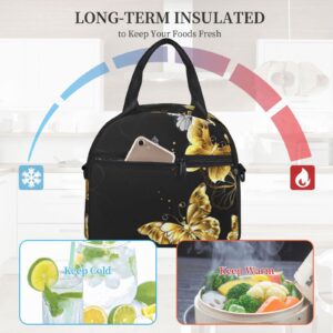 NHGFVT Lunch Bag For Women/Men Cooler Tote Bag Freezable Gold White Butterflies Black Lunch Box With Adjustable Shoulder Strap