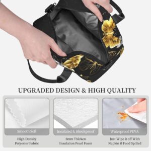 NHGFVT Lunch Bag For Women/Men Cooler Tote Bag Freezable Gold White Butterflies Black Lunch Box With Adjustable Shoulder Strap