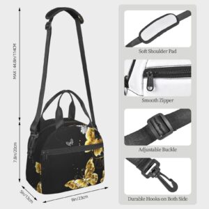 NHGFVT Lunch Bag For Women/Men Cooler Tote Bag Freezable Gold White Butterflies Black Lunch Box With Adjustable Shoulder Strap