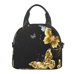 NHGFVT Lunch Bag For Women/Men Cooler Tote Bag Freezable Gold White Butterflies Black Lunch Box With Adjustable Shoulder Strap