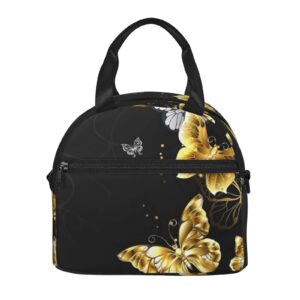 NHGFVT Lunch Bag For Women/Men Cooler Tote Bag Freezable Gold White Butterflies Black Lunch Box With Adjustable Shoulder Strap