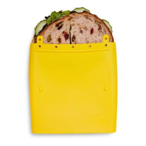 luumi unplastic bag - resuable 100% platinum silicone collapsible food storage bags for lunch and snacks - microwave, oven, freezer and dishwasher safe (yellow)