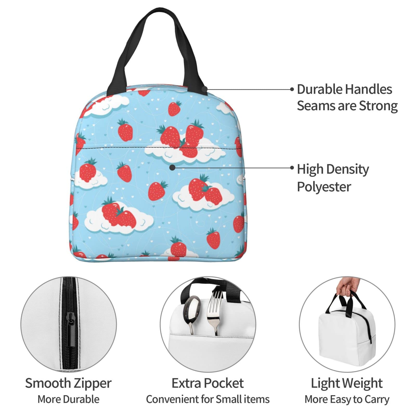 Lunch Bag Fresh Strawberries On The Clouds Insulated Lunch Box Back To School Reusable Bags Meal Portable Container Tote For Boys Girls Travel Work Picnic Boxes