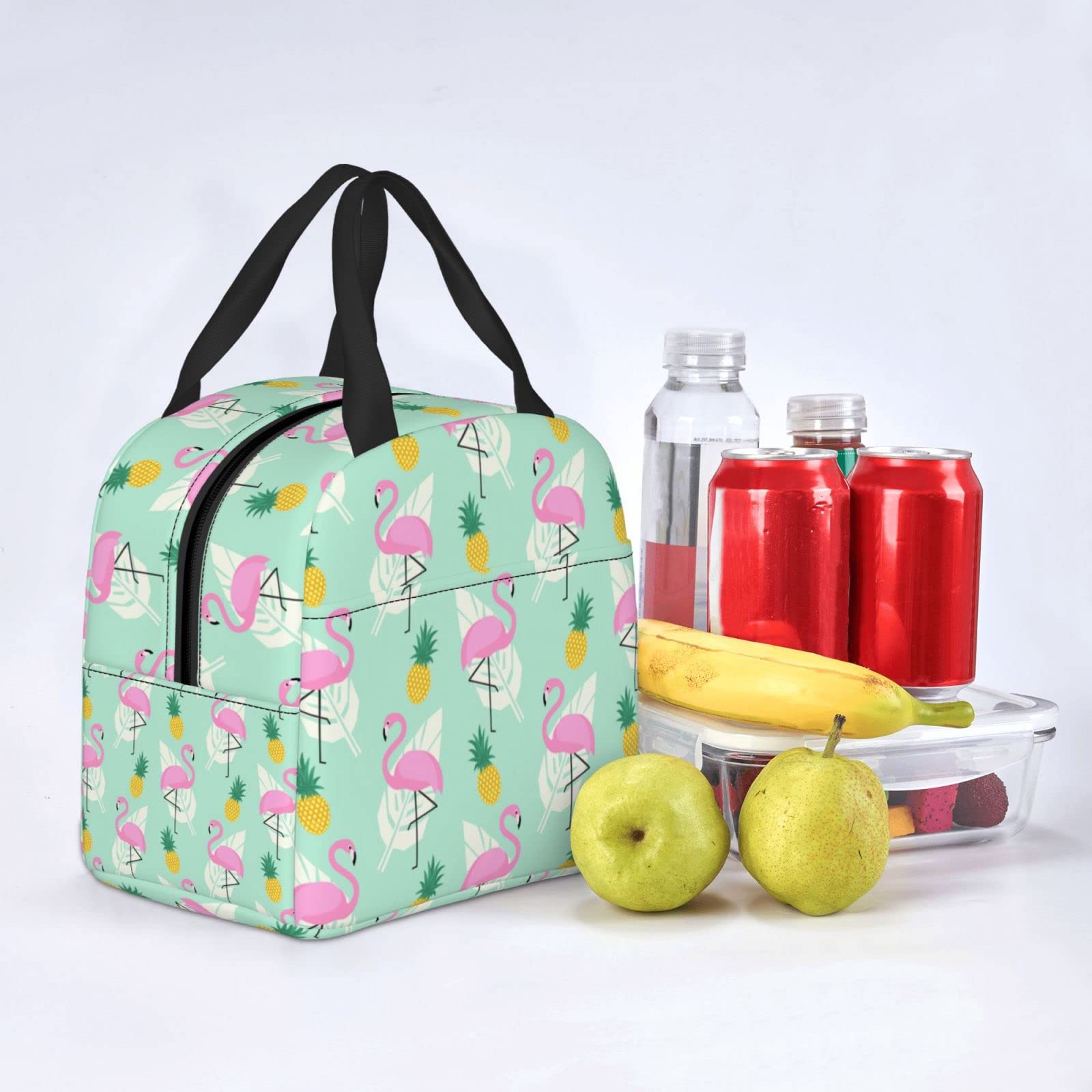 Echoserein Pink Flamingo Pineapples Palm Leaves Lunch Bag Insulated Lunch Box Reusable Lunchbox Waterproof Portable Lunch Tote For Men Women Girls Boys