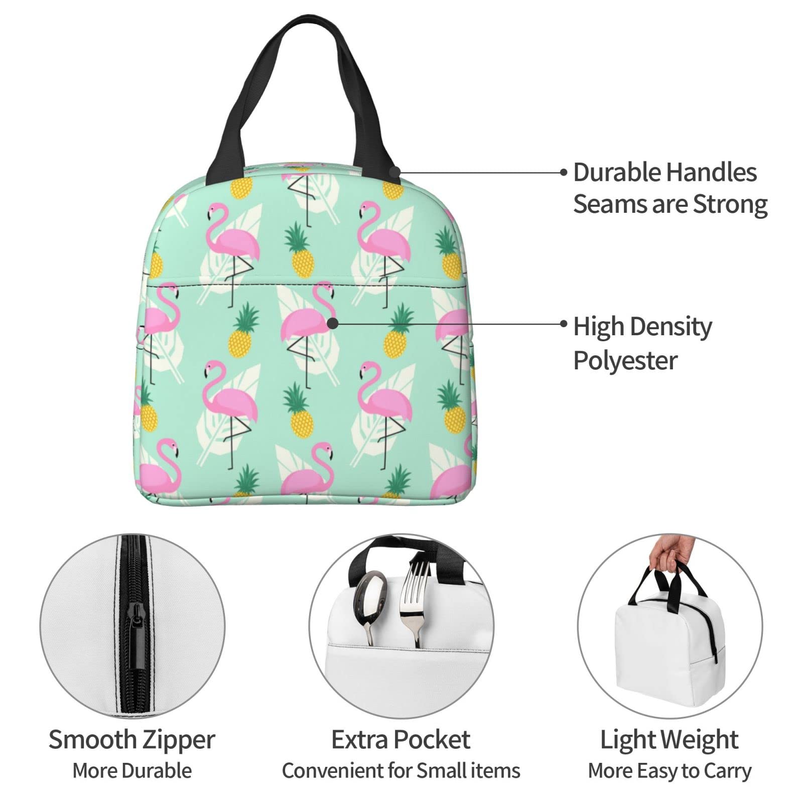 Echoserein Pink Flamingo Pineapples Palm Leaves Lunch Bag Insulated Lunch Box Reusable Lunchbox Waterproof Portable Lunch Tote For Men Women Girls Boys