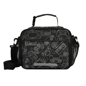glaphy video game pattern black lunch bag, cooler lunch tote box insulated lunch bags food container for boys girls kids