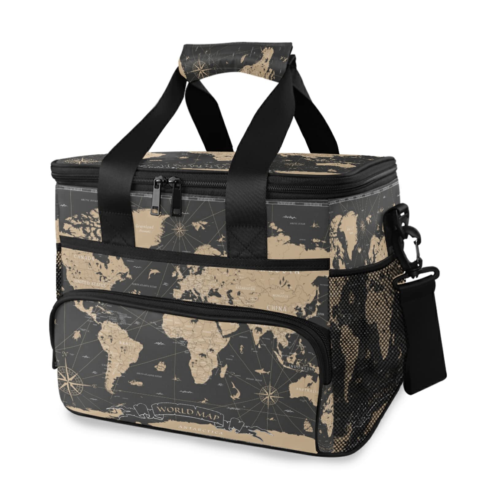 WELLDAY Lunch Bag Vintage World Map Pattern Insulated Cooler Reusable Lunch Box with Shoulder Strap for Picnic Hiking