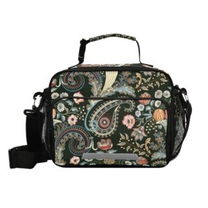 panksolu paisley flowers floral lunch bag, insulated lunch box with adjustable shoulder strap cooler tote bag for men women kids teens
