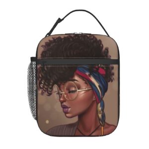 Abucaky African American Girl Portable Lunch Bag Insulated Meal Bag Reusable Lunch Box Black Woman Cooler Bag Food Container For School Work Travel Picnic Camping