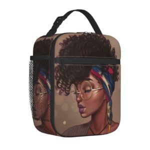 Abucaky African American Girl Portable Lunch Bag Insulated Meal Bag Reusable Lunch Box Black Woman Cooler Bag Food Container For School Work Travel Picnic Camping