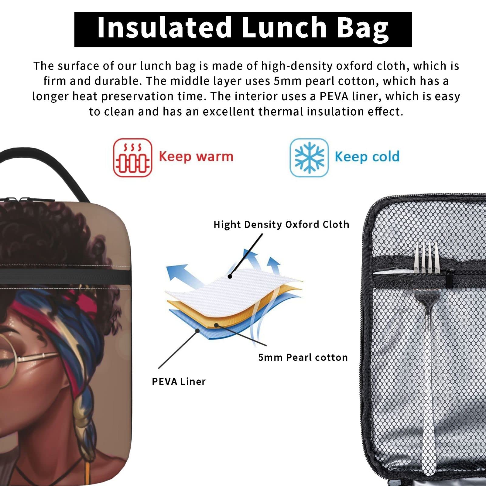 Abucaky African American Girl Portable Lunch Bag Insulated Meal Bag Reusable Lunch Box Black Woman Cooler Bag Food Container For School Work Travel Picnic Camping