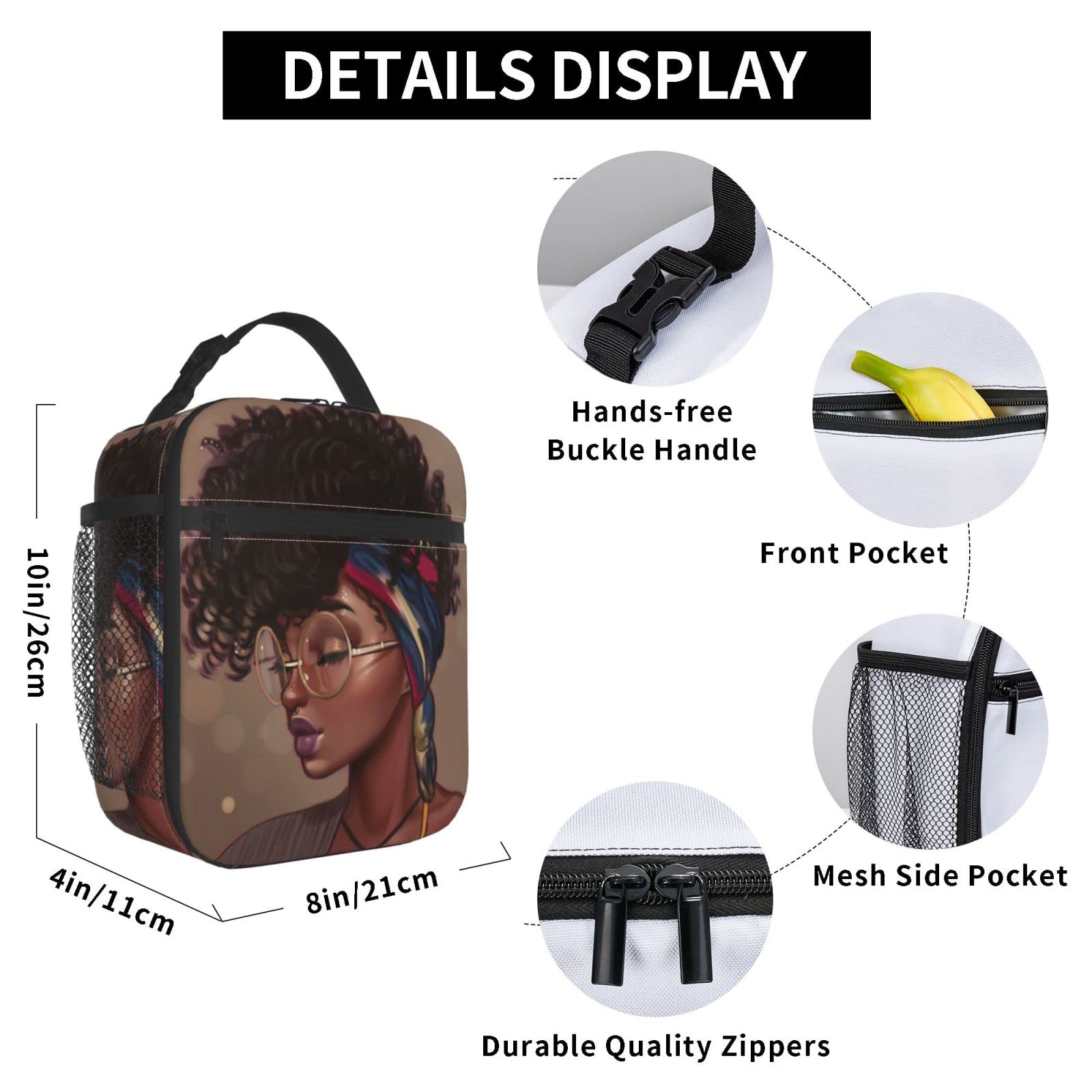 Abucaky African American Girl Portable Lunch Bag Insulated Meal Bag Reusable Lunch Box Black Woman Cooler Bag Food Container For School Work Travel Picnic Camping