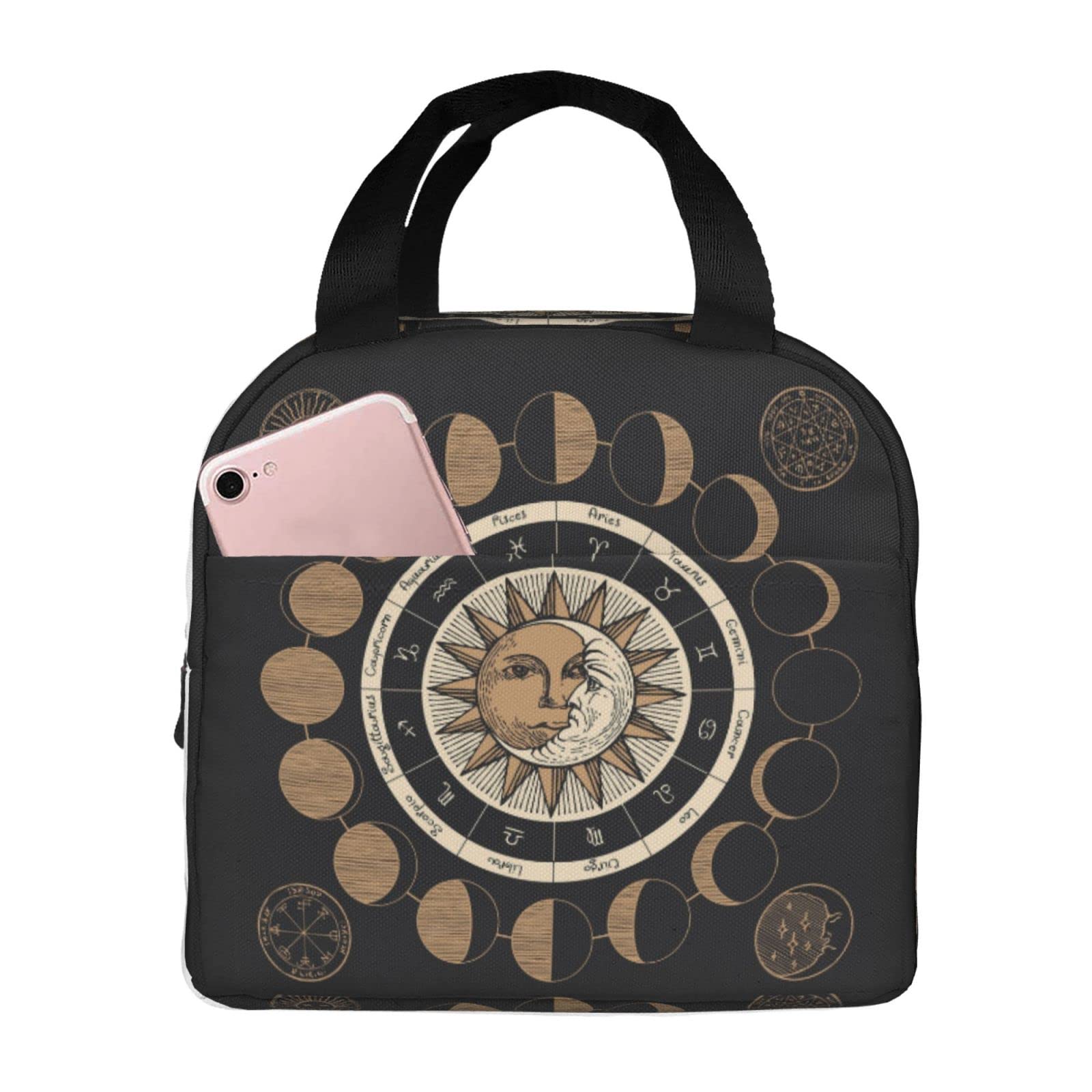 Circle Of Zodiac Signs With The Sun And Moon Reusable Insulated Lunch Bag For Women Men Waterproof Tote Lunch Box Thermal Cooler Lunch Tote Bag For Work Office Travel Picnic