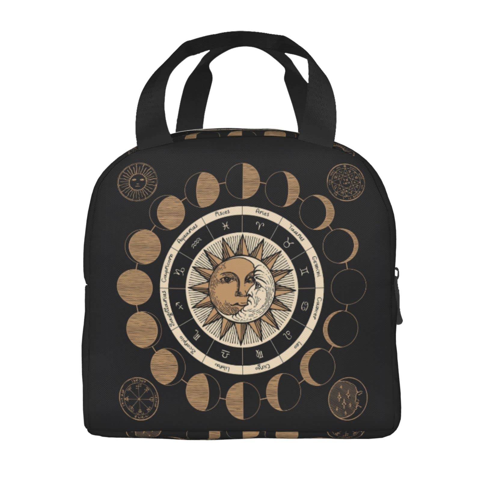 Circle Of Zodiac Signs With The Sun And Moon Reusable Insulated Lunch Bag For Women Men Waterproof Tote Lunch Box Thermal Cooler Lunch Tote Bag For Work Office Travel Picnic