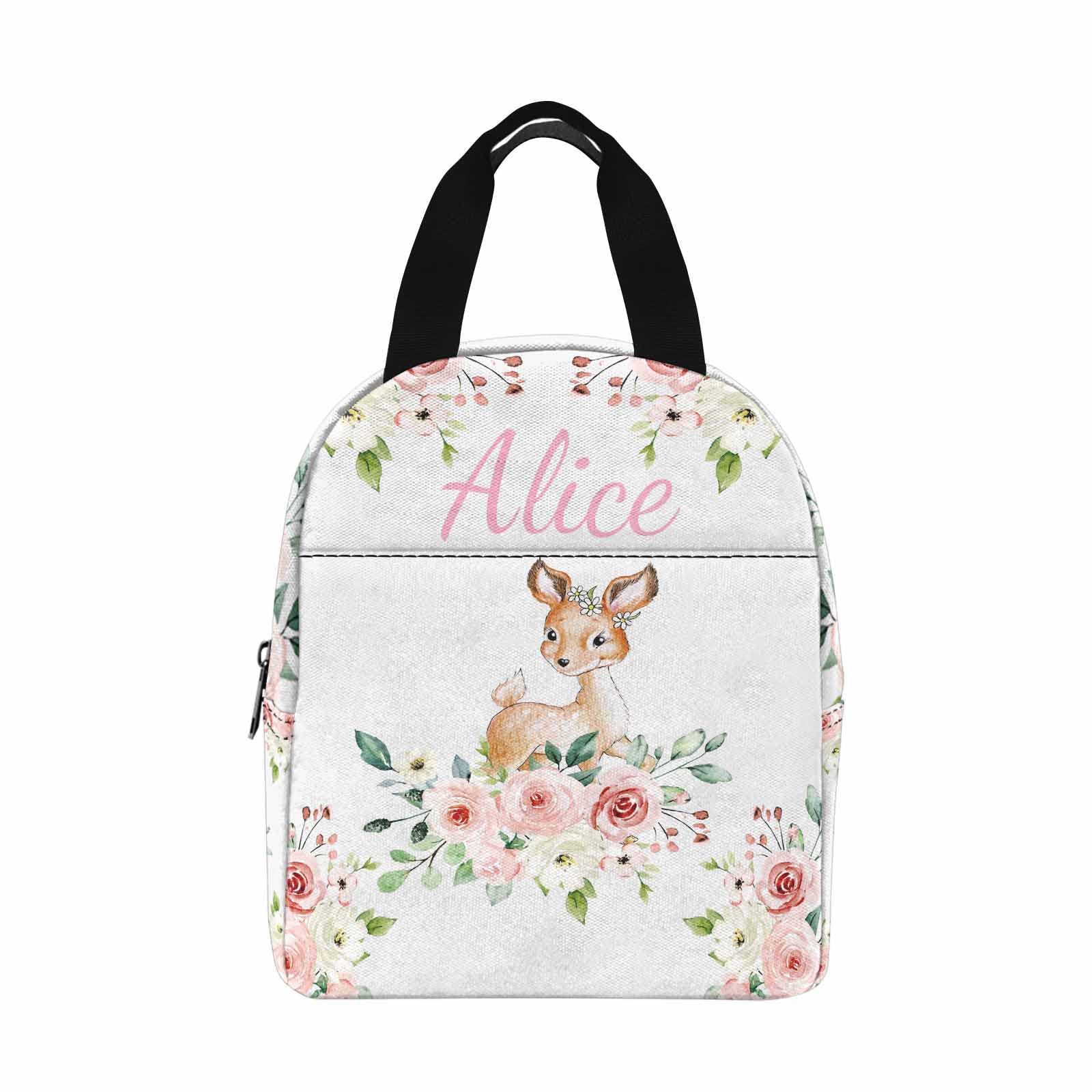 InterestPrint Custom Text Lunch Bag Cute Deer Personalized Name Lunchbox Tote Bag Gift for Daughter Niece Granddaughter Birthday