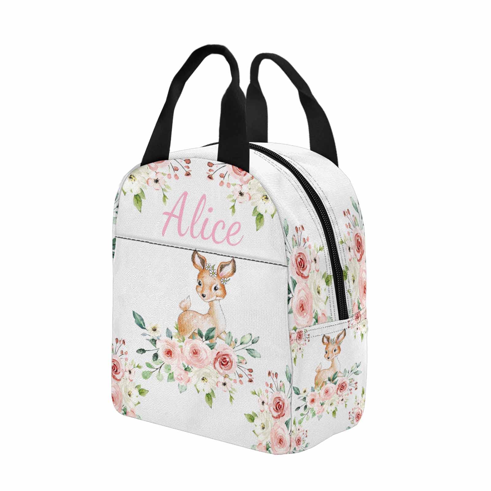 InterestPrint Custom Text Lunch Bag Cute Deer Personalized Name Lunchbox Tote Bag Gift for Daughter Niece Granddaughter Birthday