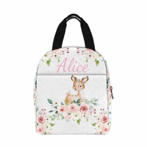 InterestPrint Custom Text Lunch Bag Cute Deer Personalized Name Lunchbox Tote Bag Gift for Daughter Niece Granddaughter Birthday