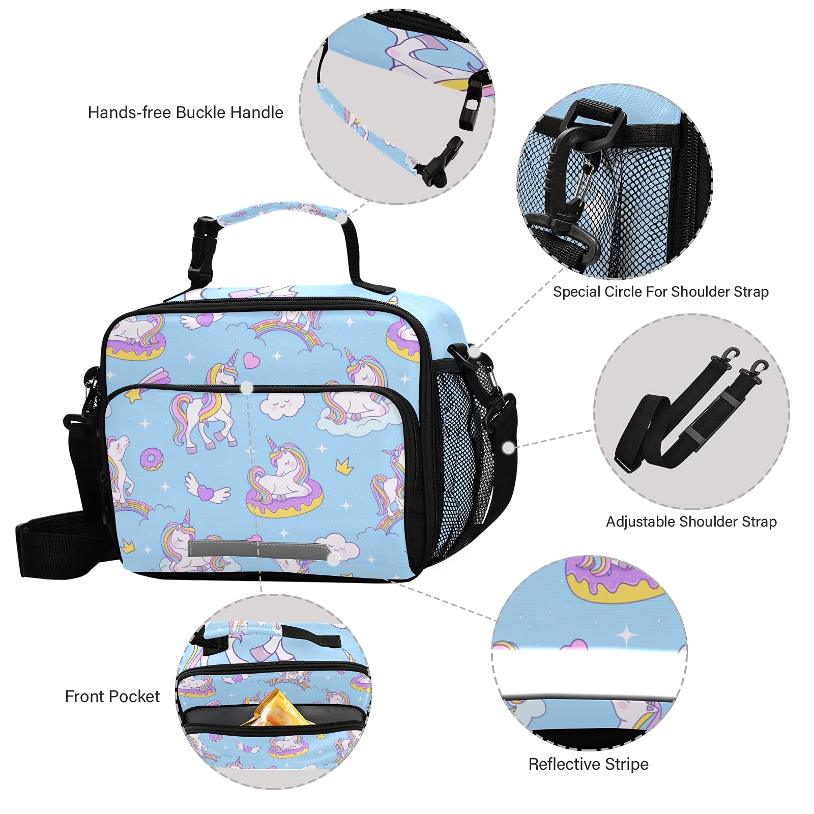 Kids Unicorn Lunch Box for Girls Rainbow Magic School Lunch Boxes Blue Cooler Insulated Lunch Bag Large Freezable Lunch Tote Bag Picnic Meal with Shoulder Strap