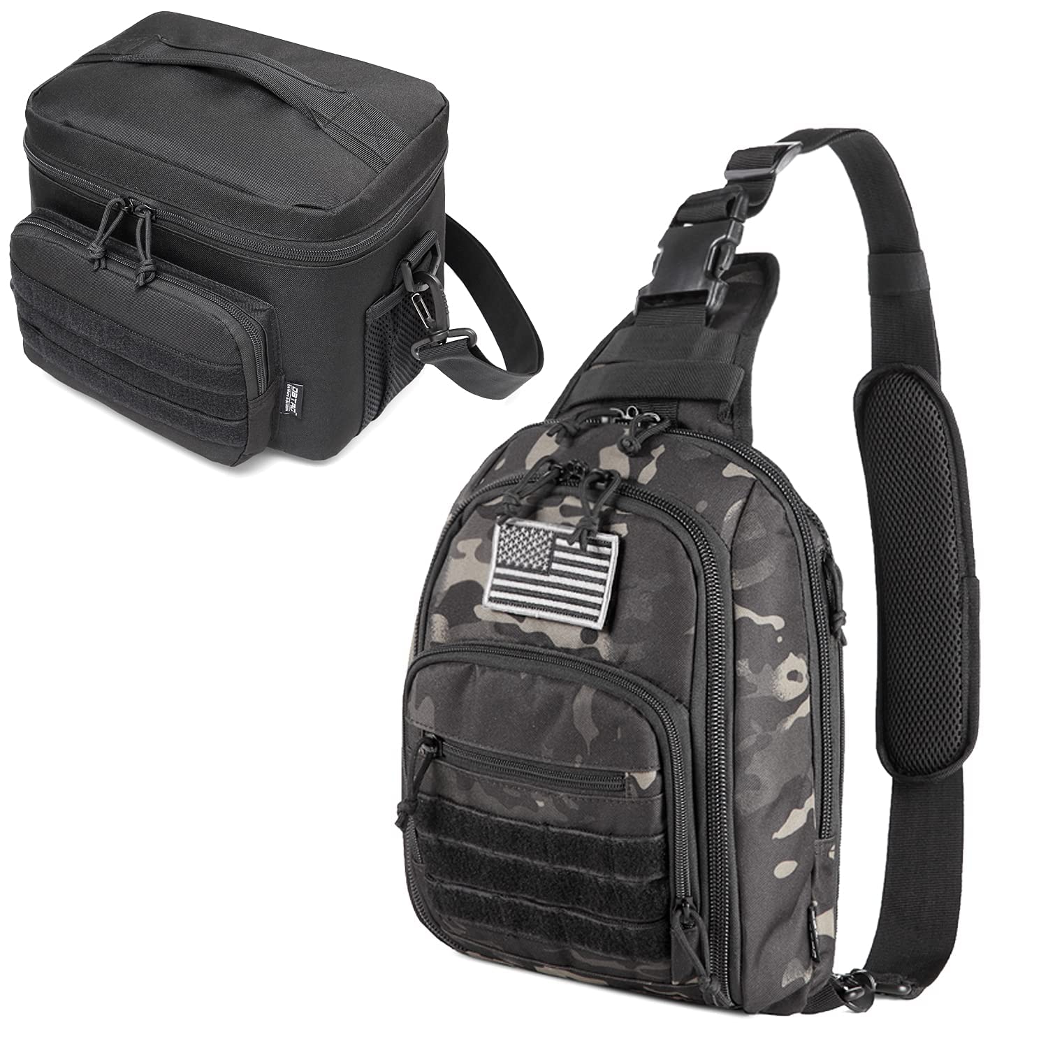 DBTAC Tactical Concealed Carry Sling Bag (Black Camo) + Tactical Lunch Bag (Black), Durable Material with adjustable shoulder strap, Multi-functional Design