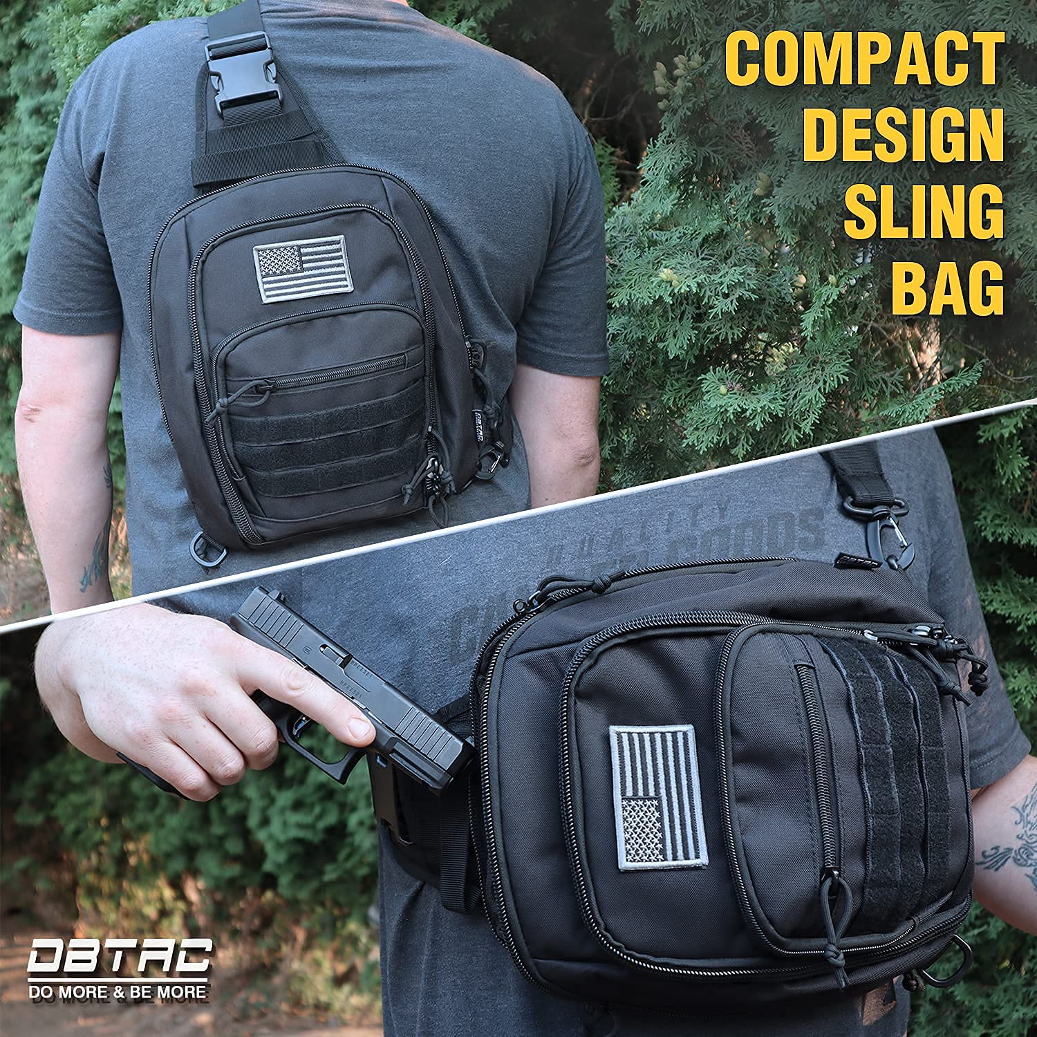 DBTAC Tactical Concealed Carry Sling Bag (Black Camo) + Tactical Lunch Bag (Black), Durable Material with adjustable shoulder strap, Multi-functional Design