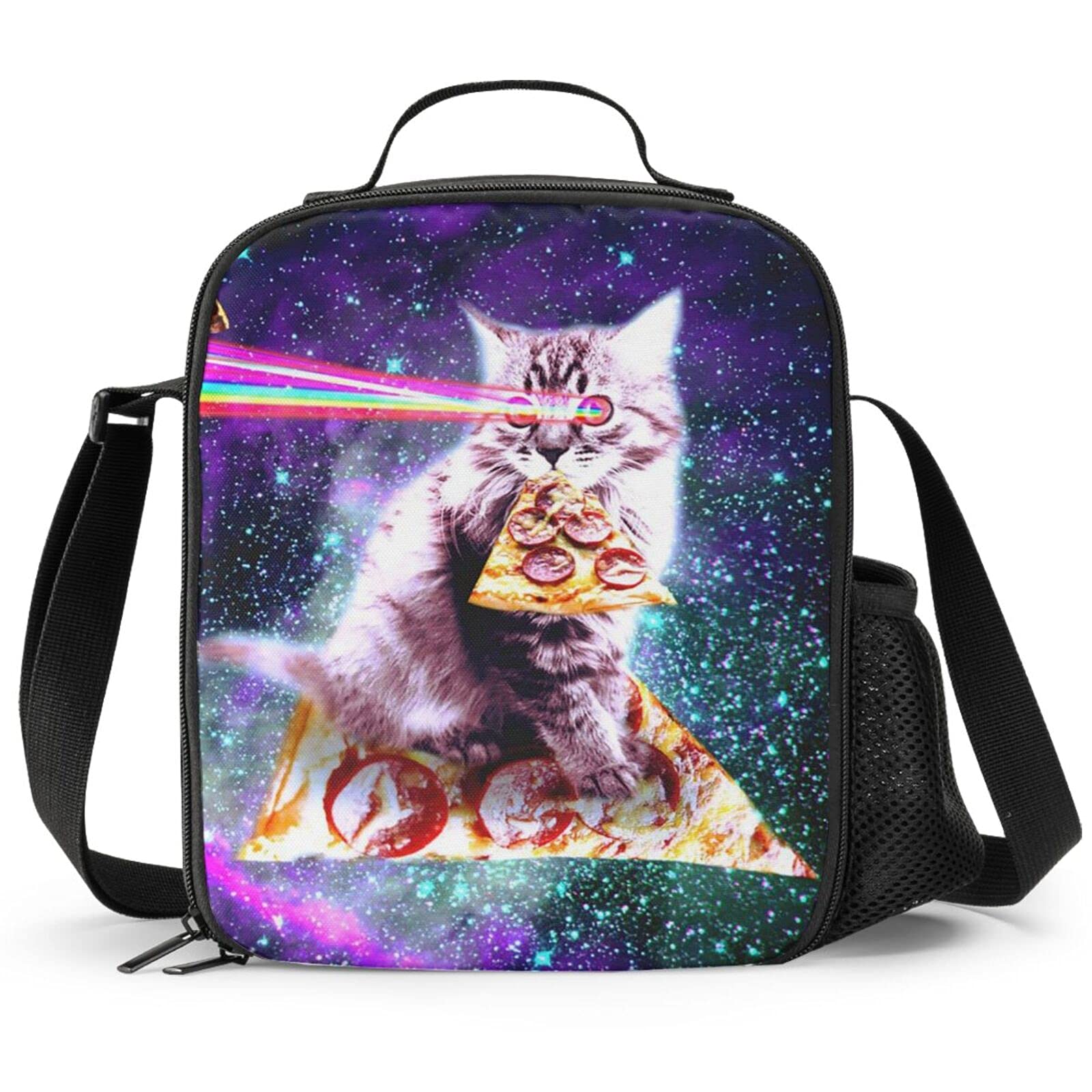 PrelerDIY Galaxy Pizza Cat Lunch Box - Insulated Lunch Bag for Kids with Side Pocket & Shoulder Strap Snack Bags, Perfect for School/Camping/Hiking/Picnic/Beach/Travel