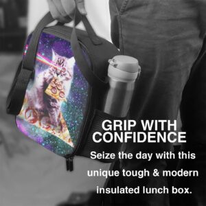 PrelerDIY Galaxy Pizza Cat Lunch Box - Insulated Lunch Bag for Kids with Side Pocket & Shoulder Strap Snack Bags, Perfect for School/Camping/Hiking/Picnic/Beach/Travel