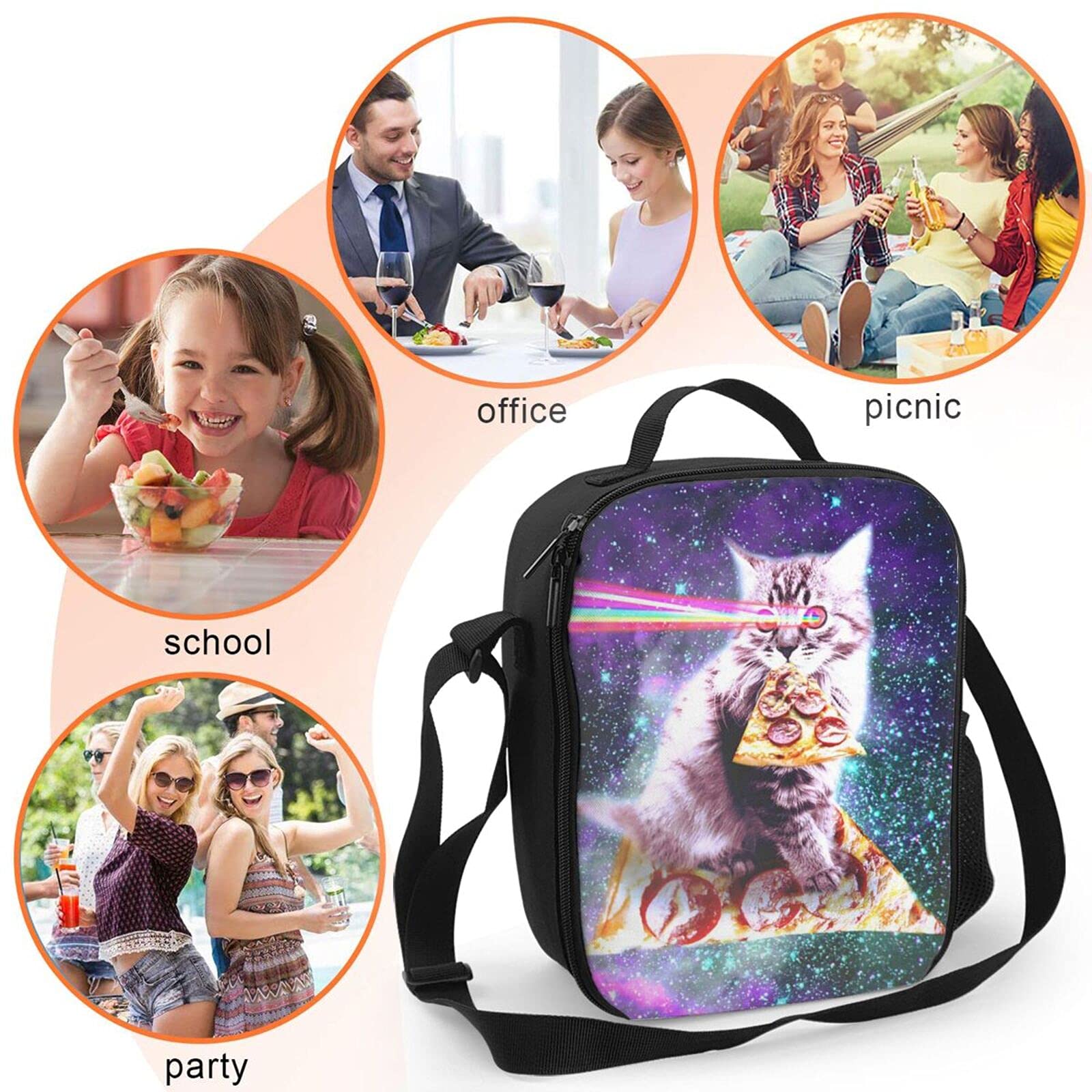 PrelerDIY Galaxy Pizza Cat Lunch Box - Insulated Lunch Bag for Kids with Side Pocket & Shoulder Strap Snack Bags, Perfect for School/Camping/Hiking/Picnic/Beach/Travel