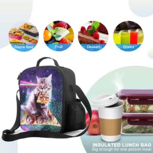 PrelerDIY Galaxy Pizza Cat Lunch Box - Insulated Lunch Bag for Kids with Side Pocket & Shoulder Strap Snack Bags, Perfect for School/Camping/Hiking/Picnic/Beach/Travel