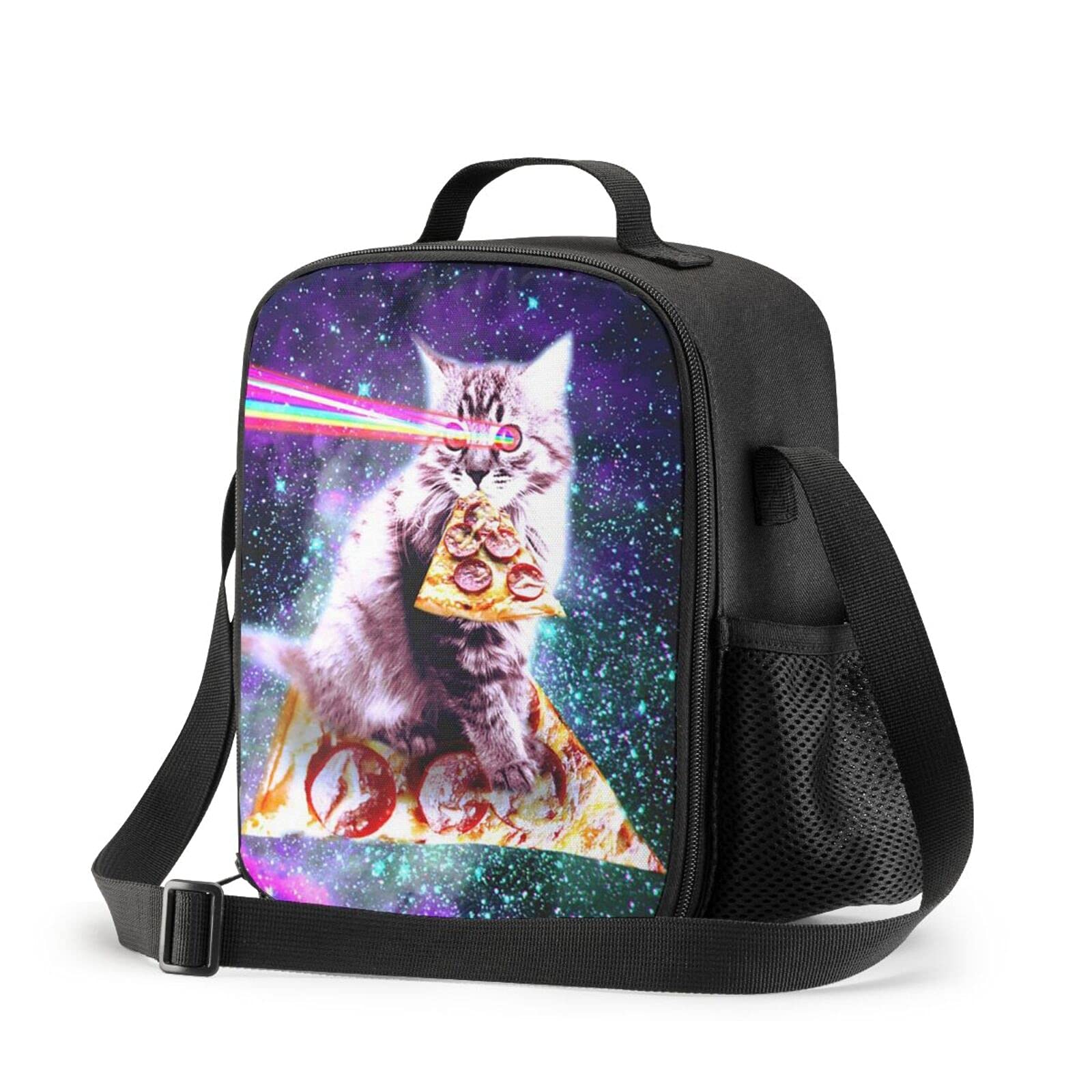 PrelerDIY Galaxy Pizza Cat Lunch Box - Insulated Lunch Bag for Kids with Side Pocket & Shoulder Strap Snack Bags, Perfect for School/Camping/Hiking/Picnic/Beach/Travel