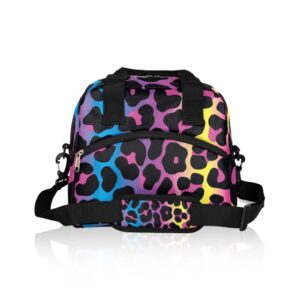 leopard lunch bag colorful neon cheetah lunch box for women girls, reusable insulated leakproof meal prep organizer tote thermal cooler bag with shoulder strap for kids adult school work office picnic