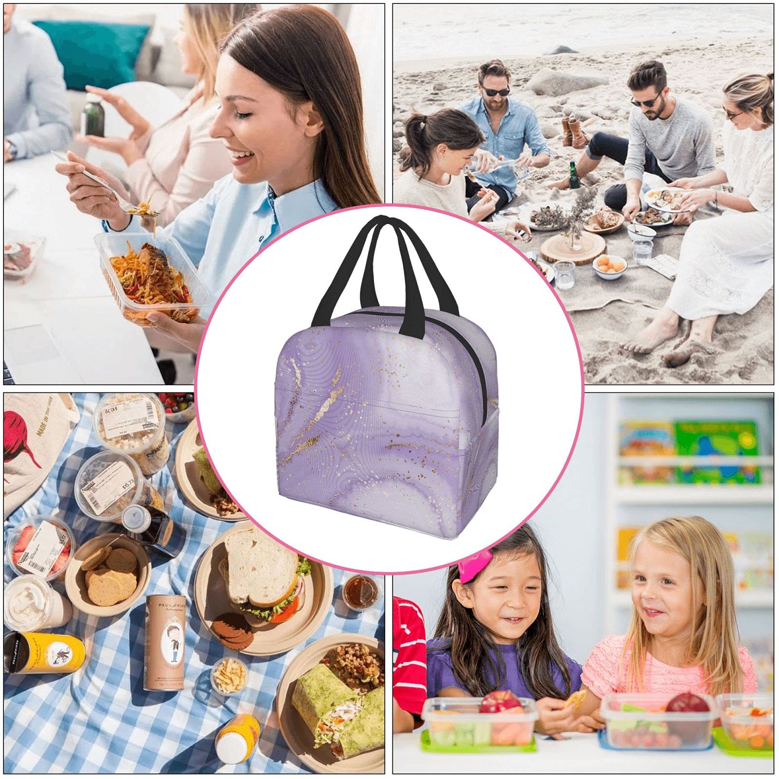 DADABULIU Lunch Bag Marble Purple Pastel Insulated Lunch Box Cooler Tote for Adults Kid Girl Women Work Office School Picnic Beach Reusable Lunchbox Over 3 Years Old