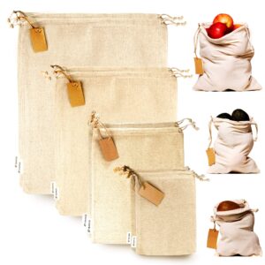 muslin bags with drawstrings - set of 8 mixed (s,m,l,xl) - reusable produce bags for bulk food storage - cloth bags - canvas fabric bags - natural cotton bags - set of 8 mixed (s,m,l,xl) by leafico