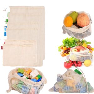 reusable mesh produce bags, organic cotton eco friendly washable durable bags set of 6pcs drawstring bags for vegetable fruit storage grocery shopping toys