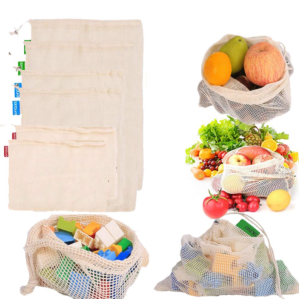 Reusable Mesh Produce Bags, Organic Cotton Eco Friendly Washable Durable Bags Set of 6pcs Drawstring Bags for Vegetable Fruit Storage Grocery Shopping Toys