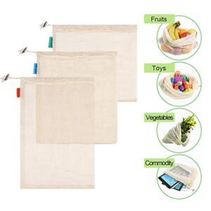 Reusable Mesh Produce Bags, Organic Cotton Eco Friendly Washable Durable Bags Set of 6pcs Drawstring Bags for Vegetable Fruit Storage Grocery Shopping Toys