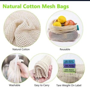 Reusable Mesh Produce Bags, Organic Cotton Eco Friendly Washable Durable Bags Set of 6pcs Drawstring Bags for Vegetable Fruit Storage Grocery Shopping Toys