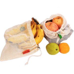 Reusable Mesh Produce Bags, Organic Cotton Eco Friendly Washable Durable Bags Set of 6pcs Drawstring Bags for Vegetable Fruit Storage Grocery Shopping Toys