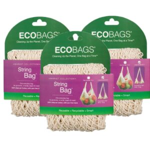 ECOBAGS Market Collection Reusable String Bag, Natural, Long Handle, Pack of 3