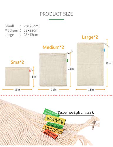 Romozi Reusable Produce Bags, Washable and Reusable Grocery Bags for Veggies, Fruits, Bulk Food,Toys, Cotton Mesh Produce Bags with Drawstring (Set of 6 PCS) (Light Yellow, 6)