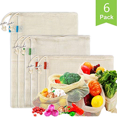 Romozi Reusable Produce Bags, Washable and Reusable Grocery Bags for Veggies, Fruits, Bulk Food,Toys, Cotton Mesh Produce Bags with Drawstring (Set of 6 PCS) (Light Yellow, 6)