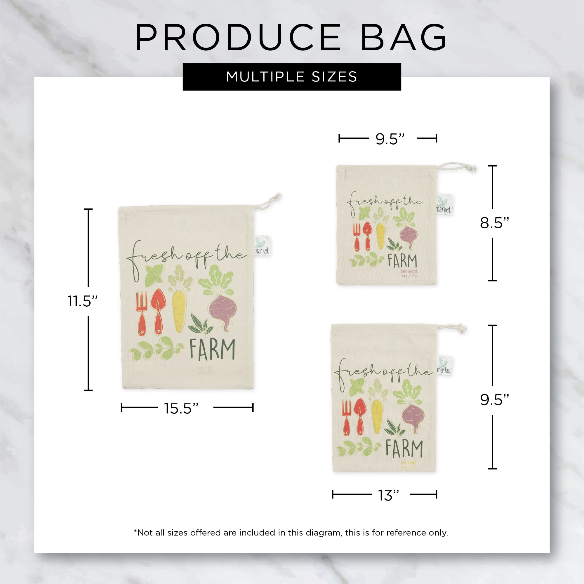 DII Farmer's Market Collection Machine Washable, Reusable Kitchen, Fabric Produce Bag Set, Fresh Veggie Print, 3 Piece