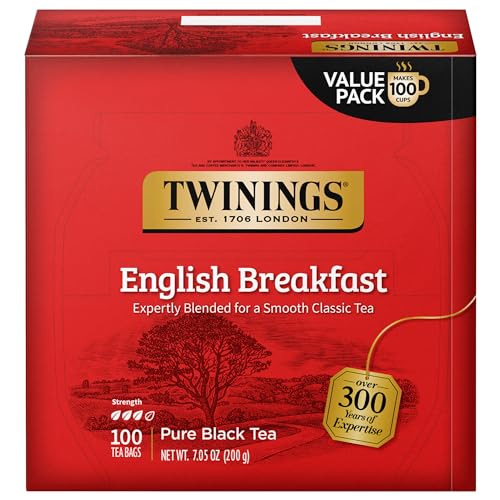 Twinings English Breakfast Black Tea, 100 Individually Wrapped Tea Bags, Smooth, Flavourful, Robust, Caffeinated