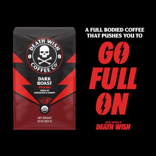 Death Wish Coffee Co., Organic and Fair Trade Dark Roast Ground Coffee, 16 oz