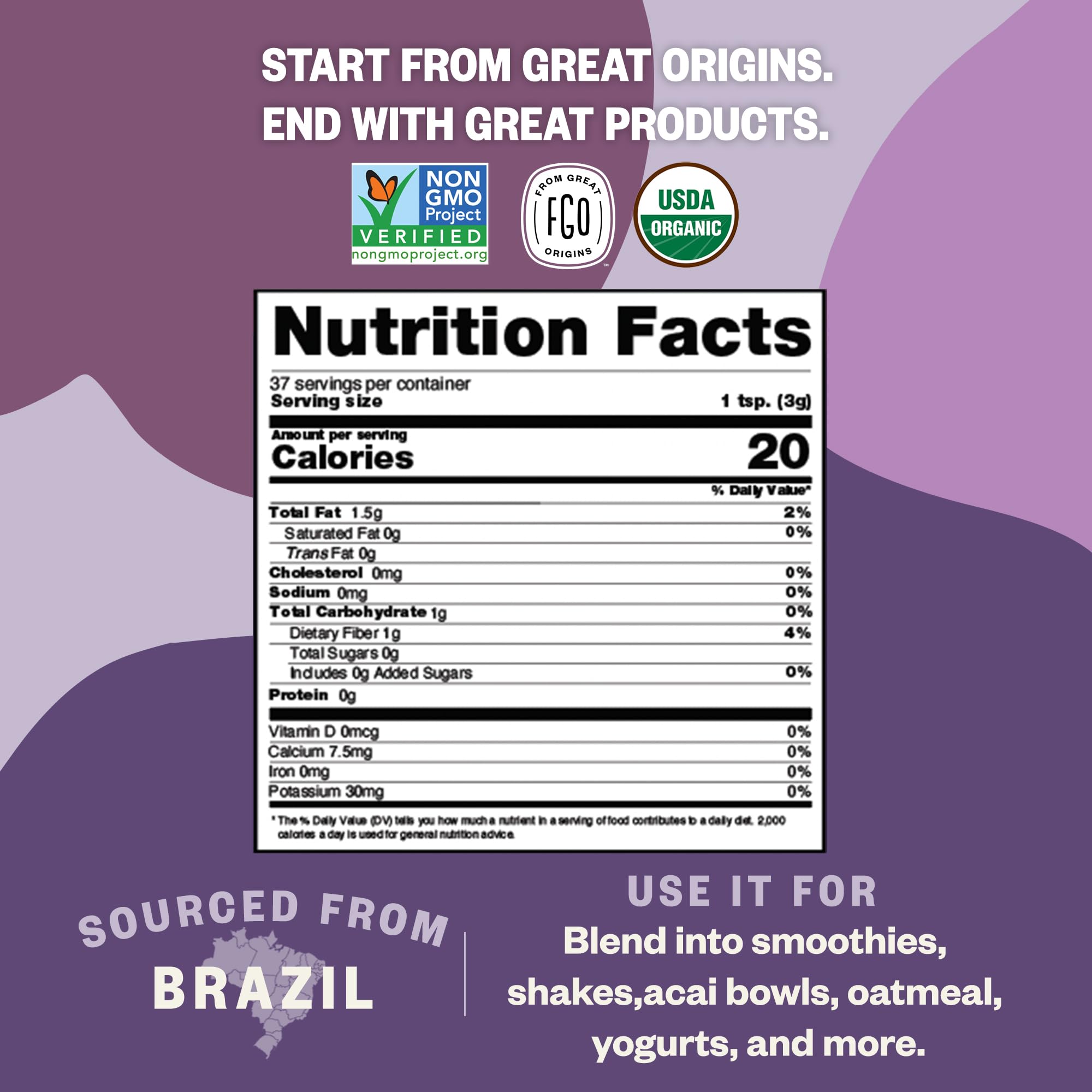 FGO Organic ACAI Powder (Freeze-Dried), 100% Raw Superfood Berry from Brazil, 4oz, Packaging May Vary (Pack of 1)