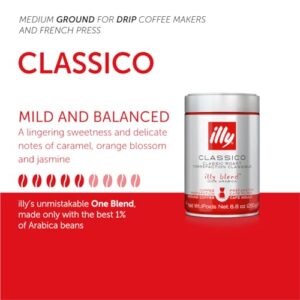 illy Drip Coffee - Ground Coffee - 100% Arabica Ground Coffee – Classico Medium Roast - Notes of Caramel, Orange Blossom & Jasmine - No Preservatives – Mild & Balanced – 8.8 Ounce