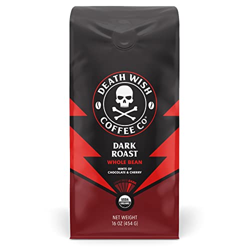 Death Wish Coffee Co., Organic and Fair Trade Dark Roast Whole Bean Coffee, 16 oz