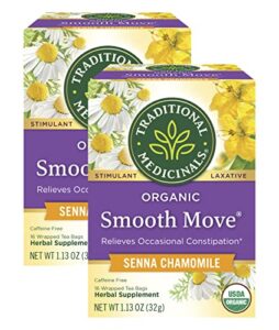 traditional medicinals organic smooth move senna chamomile herbal tea, relieves occasional constipation, (pack of 2) - 32 tea bags total