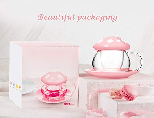 Rain House Cute Cups Mushroom Tea Cup with Tea Infuser and Spoon, Kawaii Mushroom Mugs, Glass Teacups with Ceramic Lid and Coaster, Mother's Day Gift Perfect for Girls Women for Home Office Use (Pink)