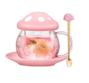 rain house cute cups mushroom tea cup with tea infuser and spoon, kawaii mushroom mugs, glass teacups with ceramic lid and coaster, mother's day gift perfect for girls women for home office use (pink)