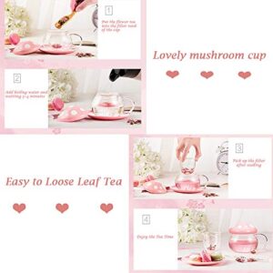 Rain House Cute Cups Mushroom Tea Cup with Tea Infuser and Spoon, Kawaii Mushroom Mugs, Glass Teacups with Ceramic Lid and Coaster, Mother's Day Gift Perfect for Girls Women for Home Office Use (Pink)